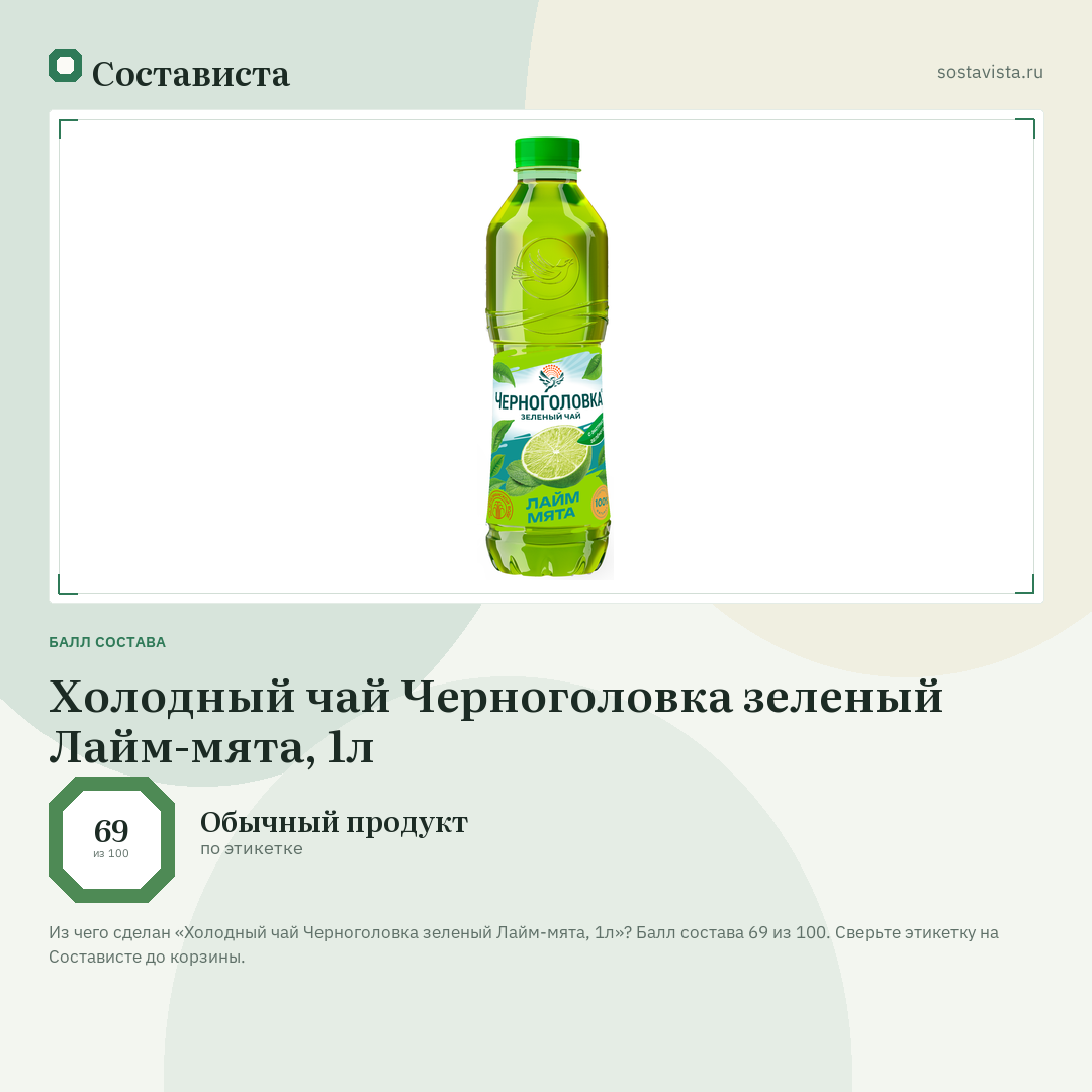 Холодный чай Черноголовка зеленый Лайм-мята, 1л: балл состава 69 из 100 — Состависта