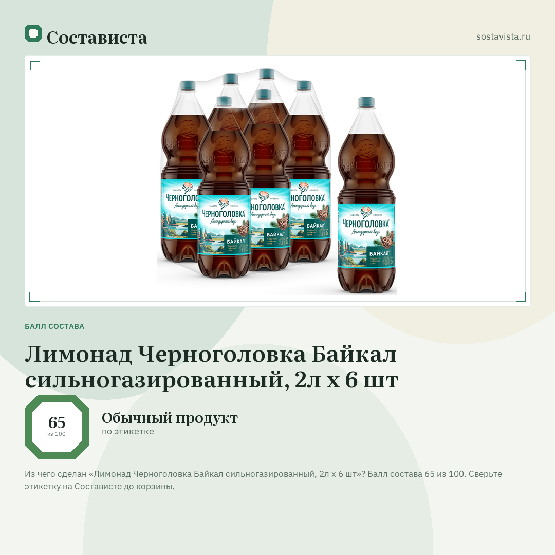 Лимонад Черноголовка Байкал сильногазированный, 2л x 6 шт: балл состава 65 из 100 — Состависта