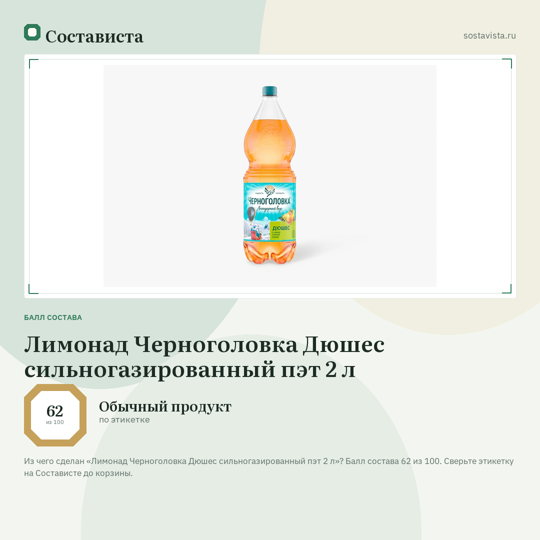 Лимонад Черноголовка Дюшес сильногазированный пэт 2 л: балл состава 62 из 100 — Состависта