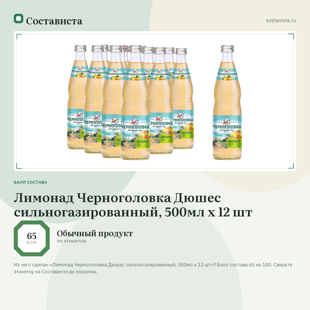 Лимонад Черноголовка Дюшес сильногазированный, 500мл x 12 шт: балл состава 65 из 100 — Состависта