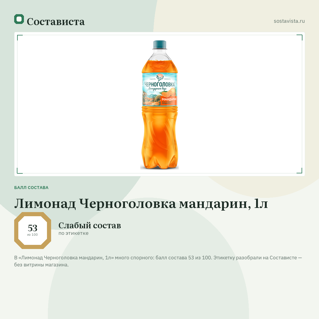 Лимонад Черноголовка мандарин, 1л: балл состава 53 из 100 — Состависта