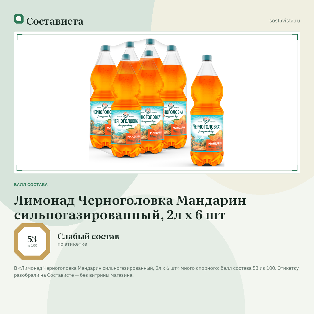 Лимонад Черноголовка Мандарин сильногазированный, 2л x 6 шт: балл состава 53 из 100 — Состависта