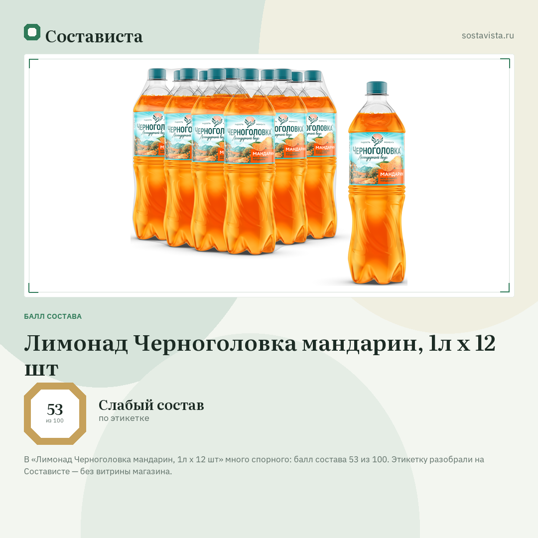 Лимонад Черноголовка мандарин, 1л x 12 шт: балл состава 53 из 100 — Состависта