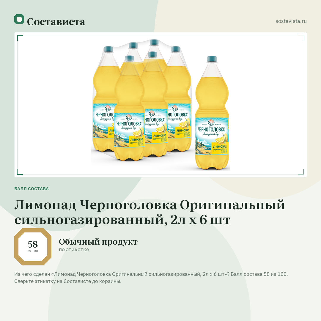 Лимонад Черноголовка Оригинальный сильногазированный, 2л x 6 шт: балл состава 58 из 100 — Состависта