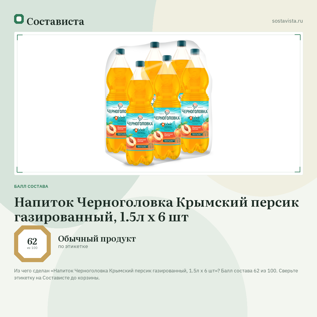 Напиток Черноголовка Крымский персик газированный, 1.5л х 6 шт: балл состава 62 из 100 — Состависта