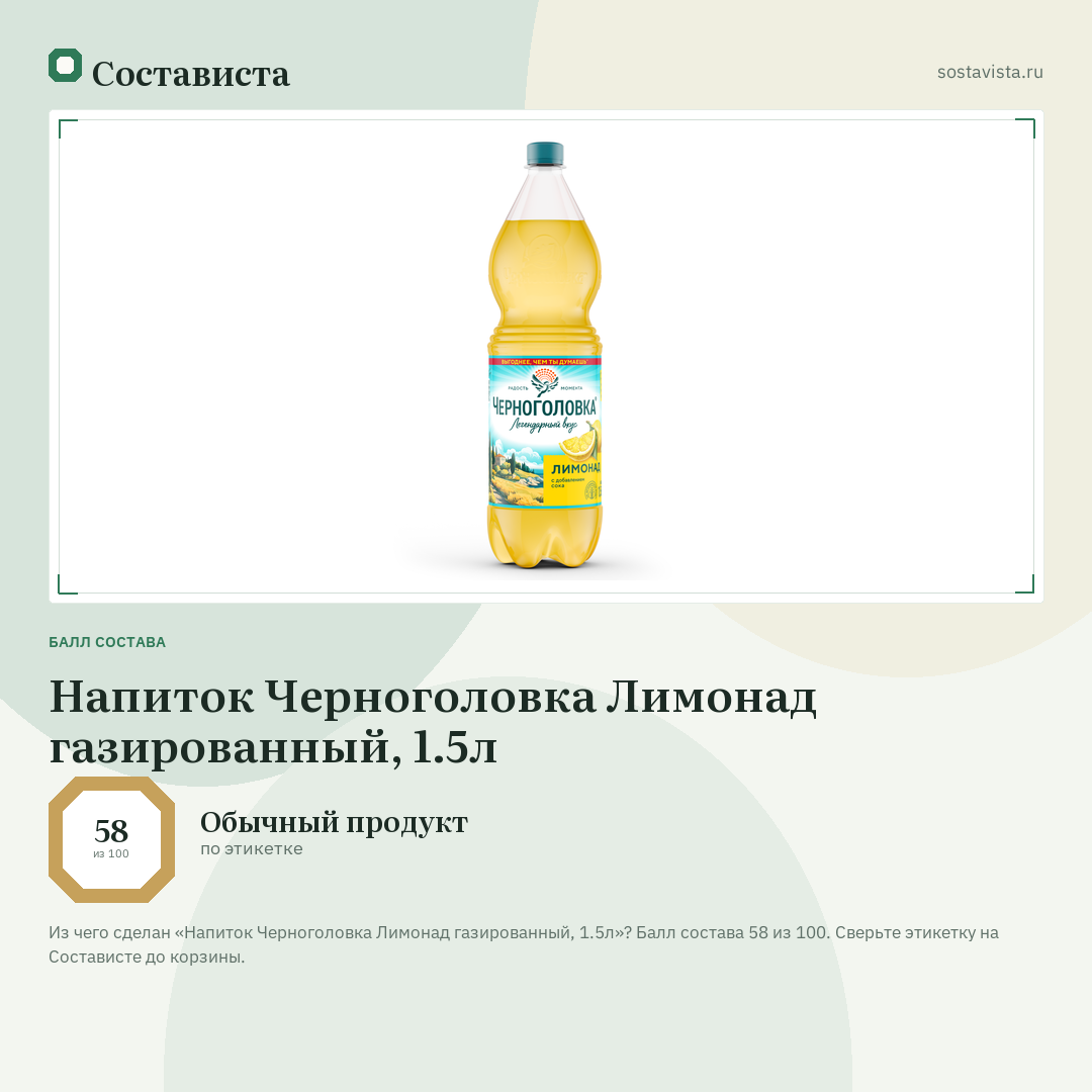 Напиток Черноголовка Лимонад газированный, 1.5л: балл состава 58 из 100 — Состависта