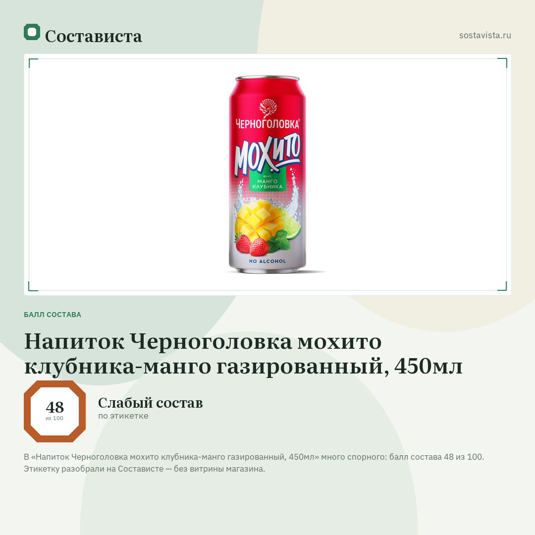 Напиток Черноголовка мохито клубника-манго газированный, 450мл: балл состава 48 из 100 — Состависта