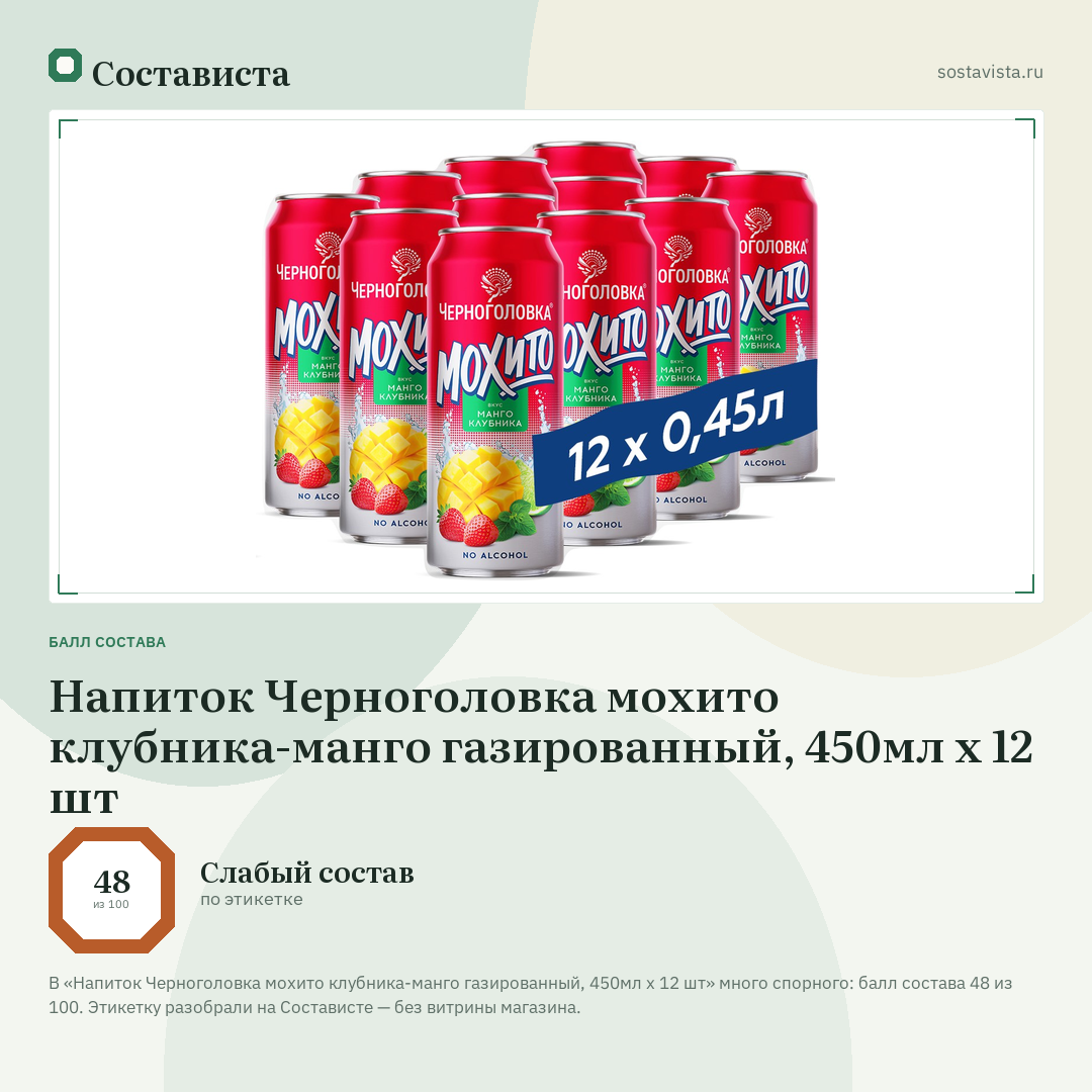 Напиток Черноголовка мохито клубника-манго газированный, 450мл x 12 шт: балл состава 48 из 100 — Состависта