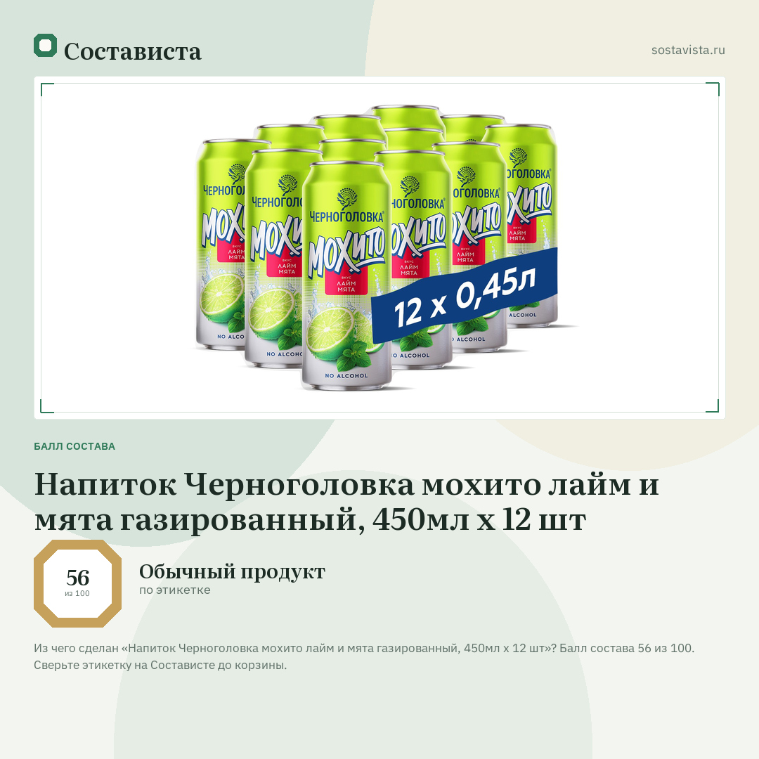 Напиток Черноголовка мохито лайм и мята газированный, 450мл x 12 шт: балл состава 56 из 100 — Состависта