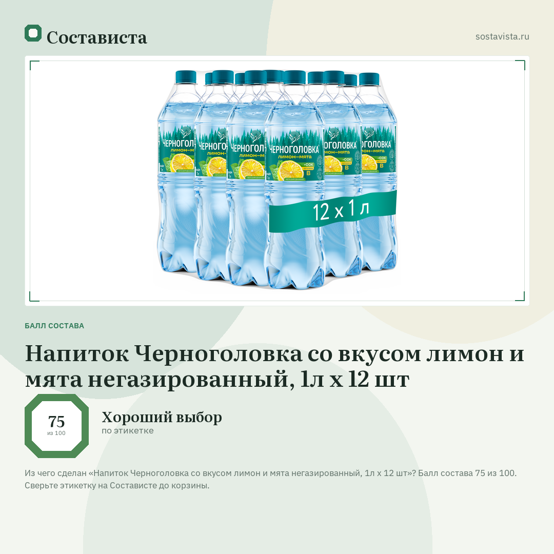 Напиток Черноголовка со вкусом лимон и мята негазированный, 1л х 12 шт: балл состава 75 из 100 — Состависта