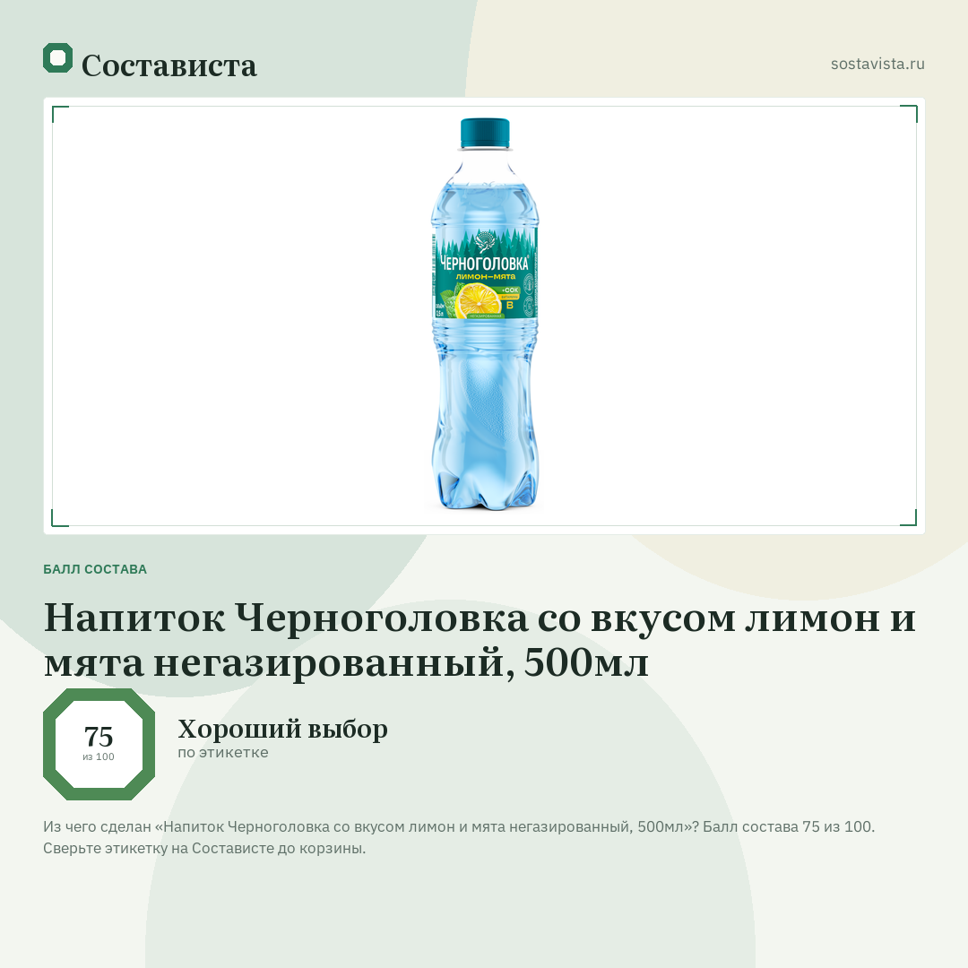 Напиток Черноголовка со вкусом лимон и мята негазированный, 500мл: балл состава 75 из 100 — Состависта