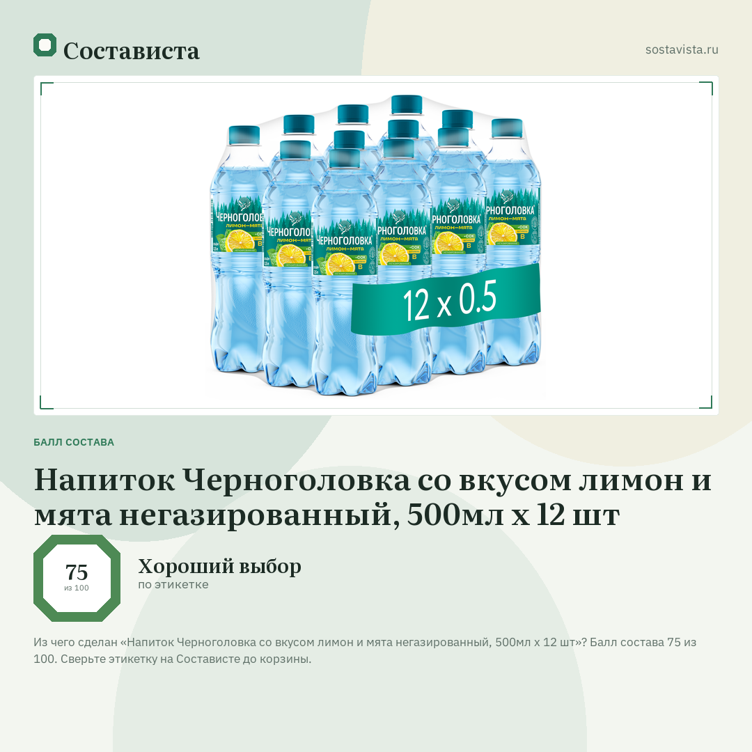 Напиток Черноголовка со вкусом лимон и мята негазированный, 500мл х 12 шт: балл состава 75 из 100 — Состависта