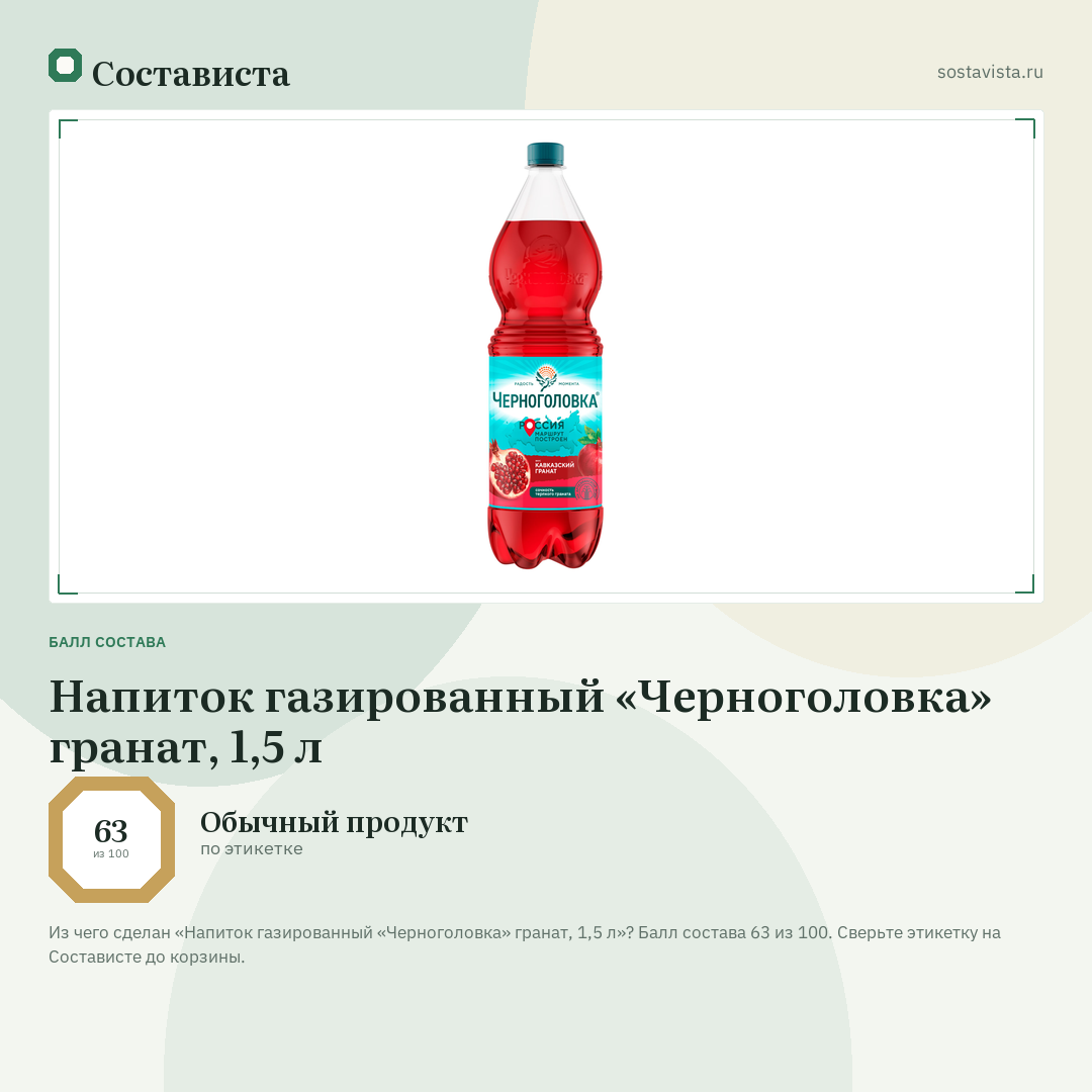 Напиток газированный «Черноголовка» гранат, 1,5 л: балл состава 63 из 100 — Состависта