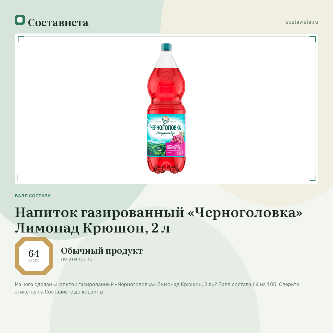 Напиток газированный «Черноголовка» Лимонад Крюшон, 2 л: балл состава 64 из 100 — Состависта