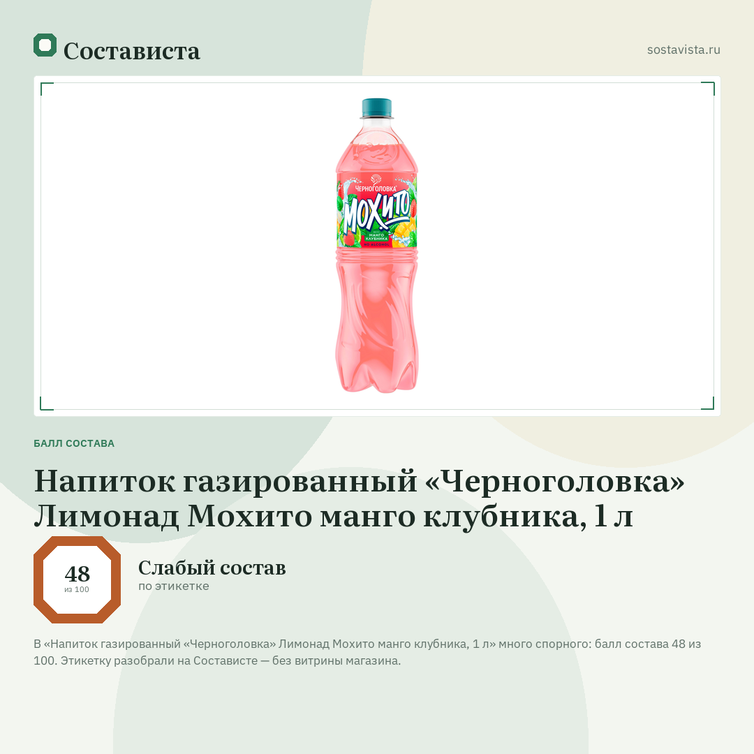 Напиток газированный «Черноголовка» Лимонад Мохито манго клубника, 1 л: балл состава 48 из 100 — Состависта