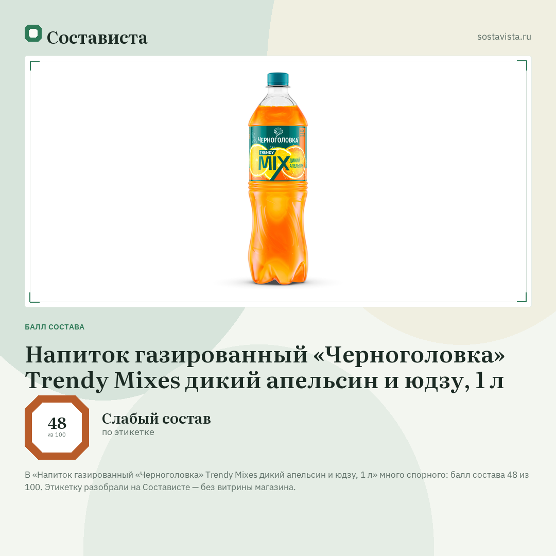 Напиток газированный «Черноголовка» Trendy Mixes дикий апельсин и юдзу, 1 л: балл состава 48 из 100 — Состависта