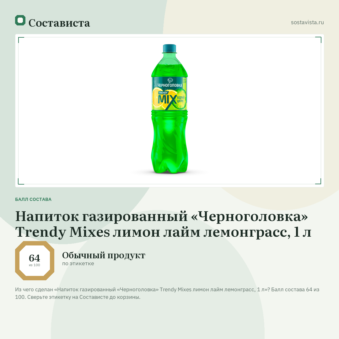 Напиток газированный «Черноголовка» Trendy Mixes лимон лайм лемонграсс, 1 л: балл состава 64 из 100 — Состависта