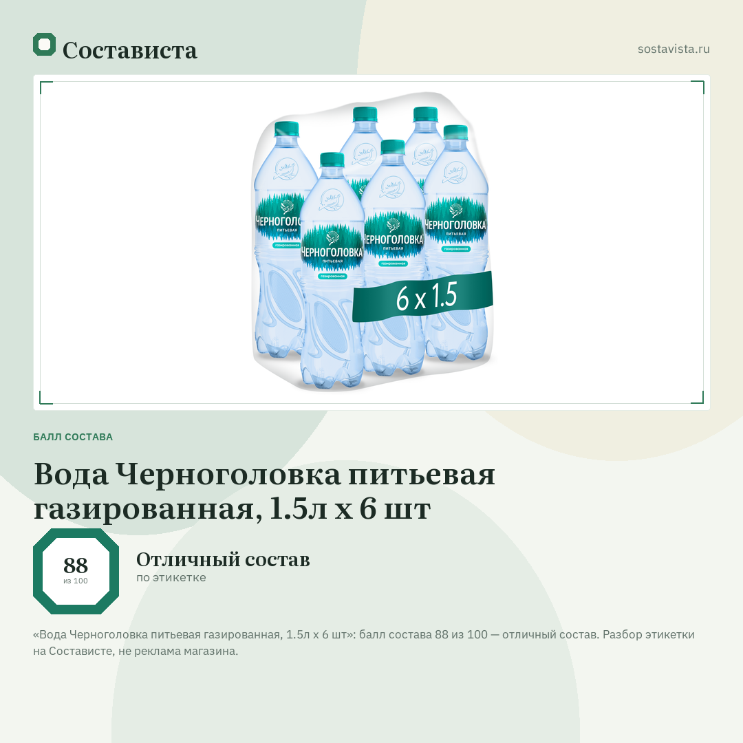 Вода Черноголовка питьевая газированная, 1.5л x 6 шт: балл состава 88 из 100 — Состависта