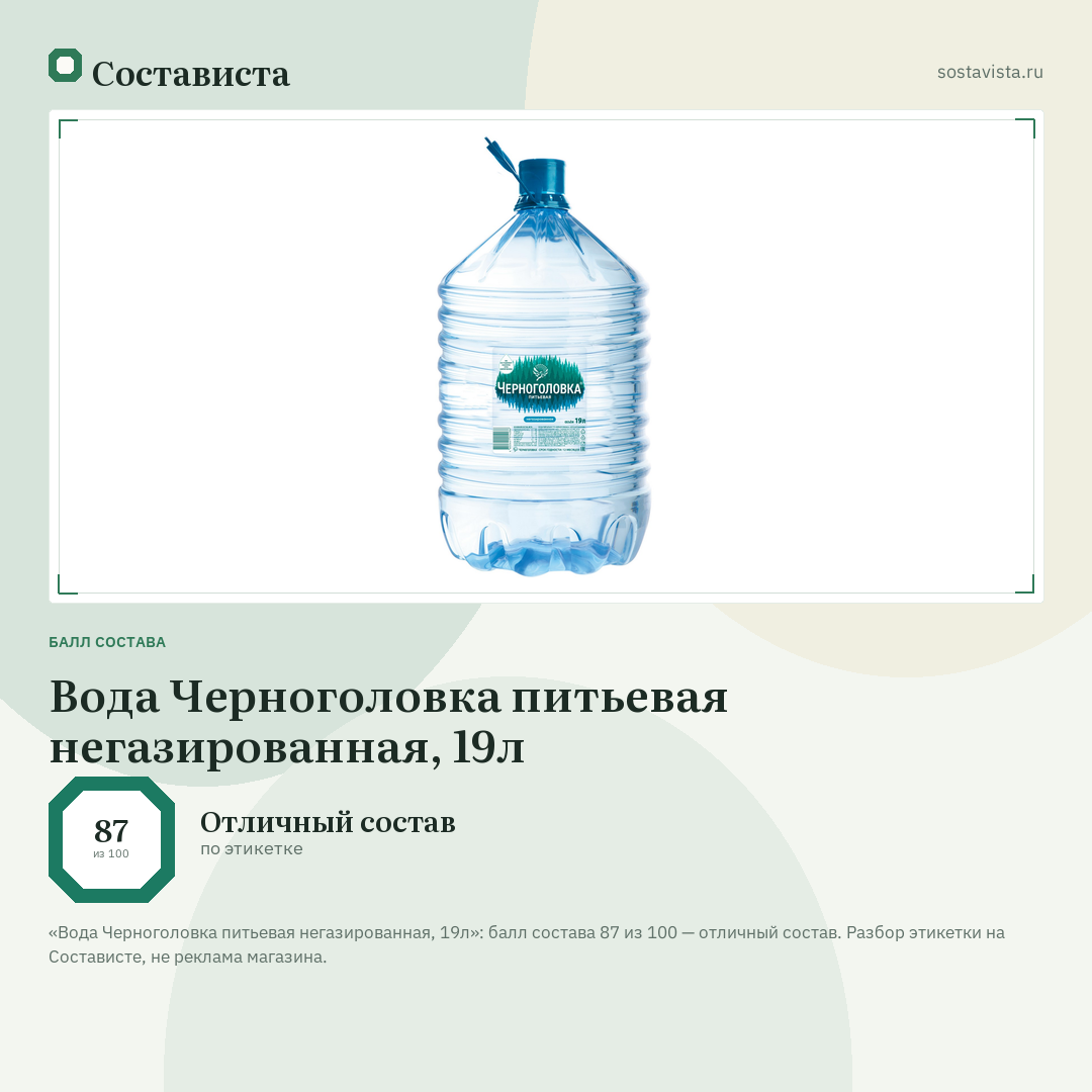 Вода Черноголовка питьевая негазированная, 19л: балл состава 87 из 100 — Состависта