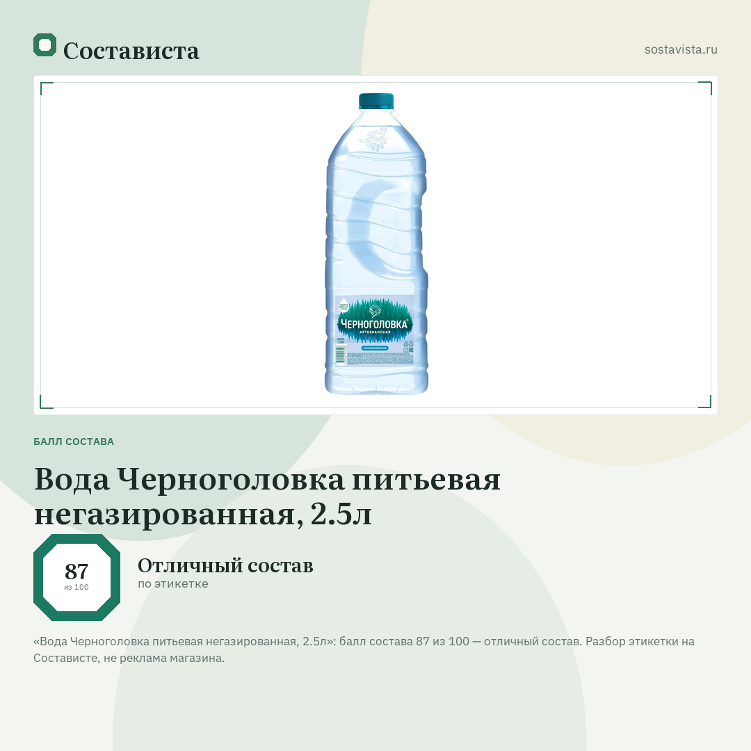 Вода Черноголовка питьевая негазированная, 2.5л: балл состава 87 из 100 — Состависта