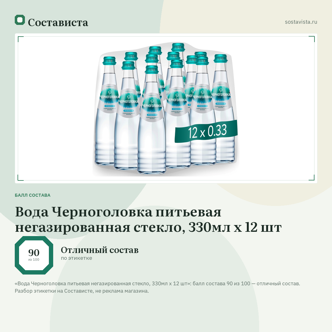 Вода Черноголовка питьевая негазированная стекло, 330мл x 12 шт: балл состава 90 из 100 — Состависта