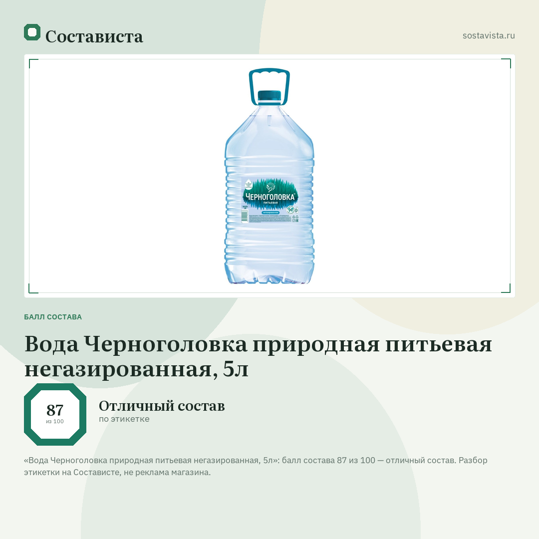 Вода Черноголовка природная питьевая негазированная, 5л: балл состава 87 из 100 — Состависта