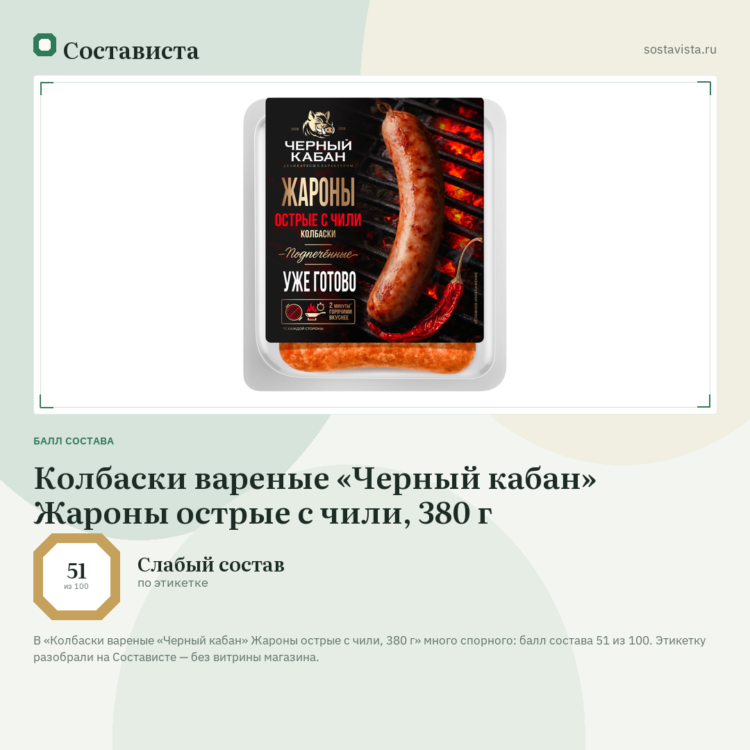 Колбаски вареные «Черный кабан» Жароны острые с чили, 380 г: балл состава 51 из 100 — Состависта