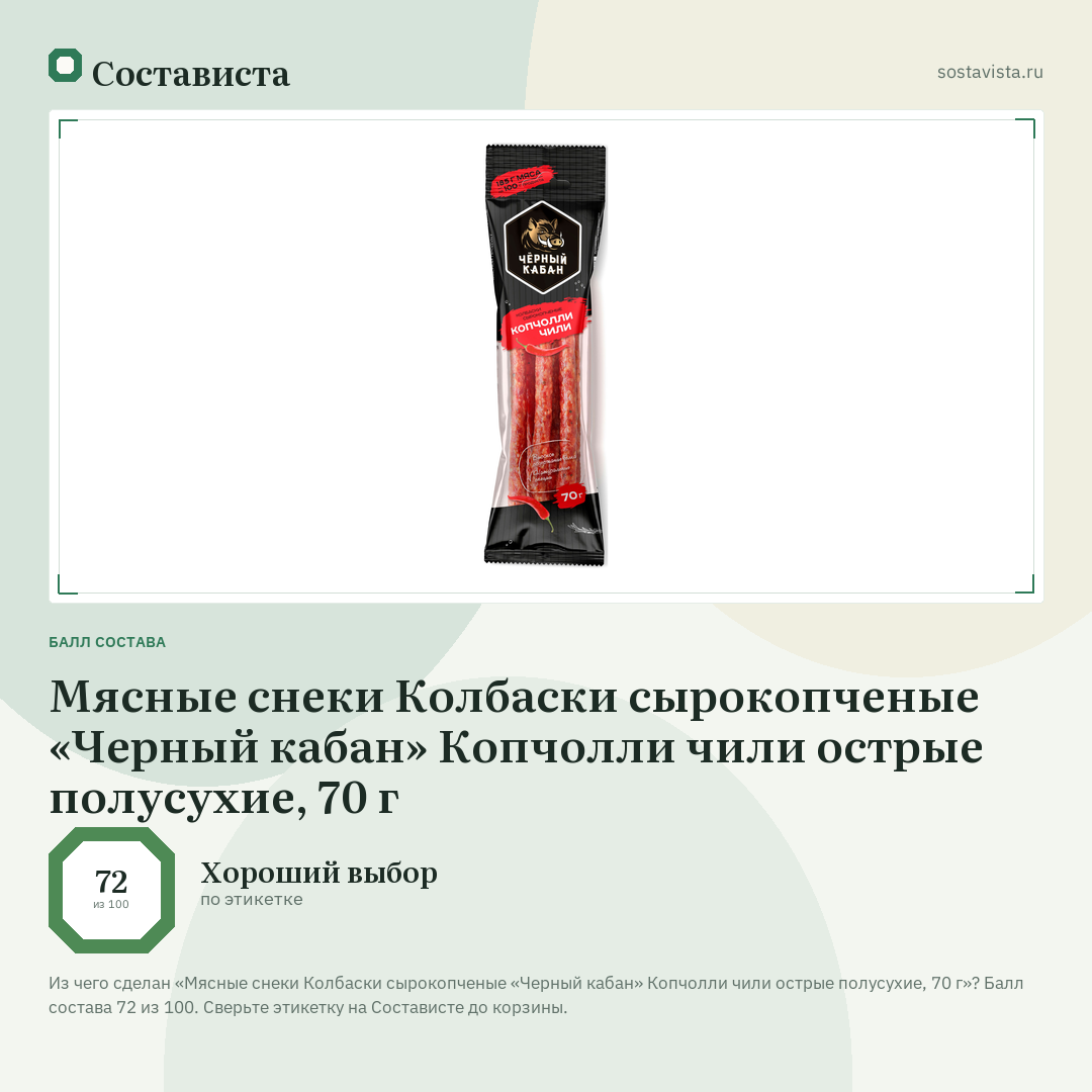 Мясные снеки Колбаски сырокопченые «Черный кабан» Копчолли чили острые полусухие, 70 г: балл состава 72 из 100 — Состависта