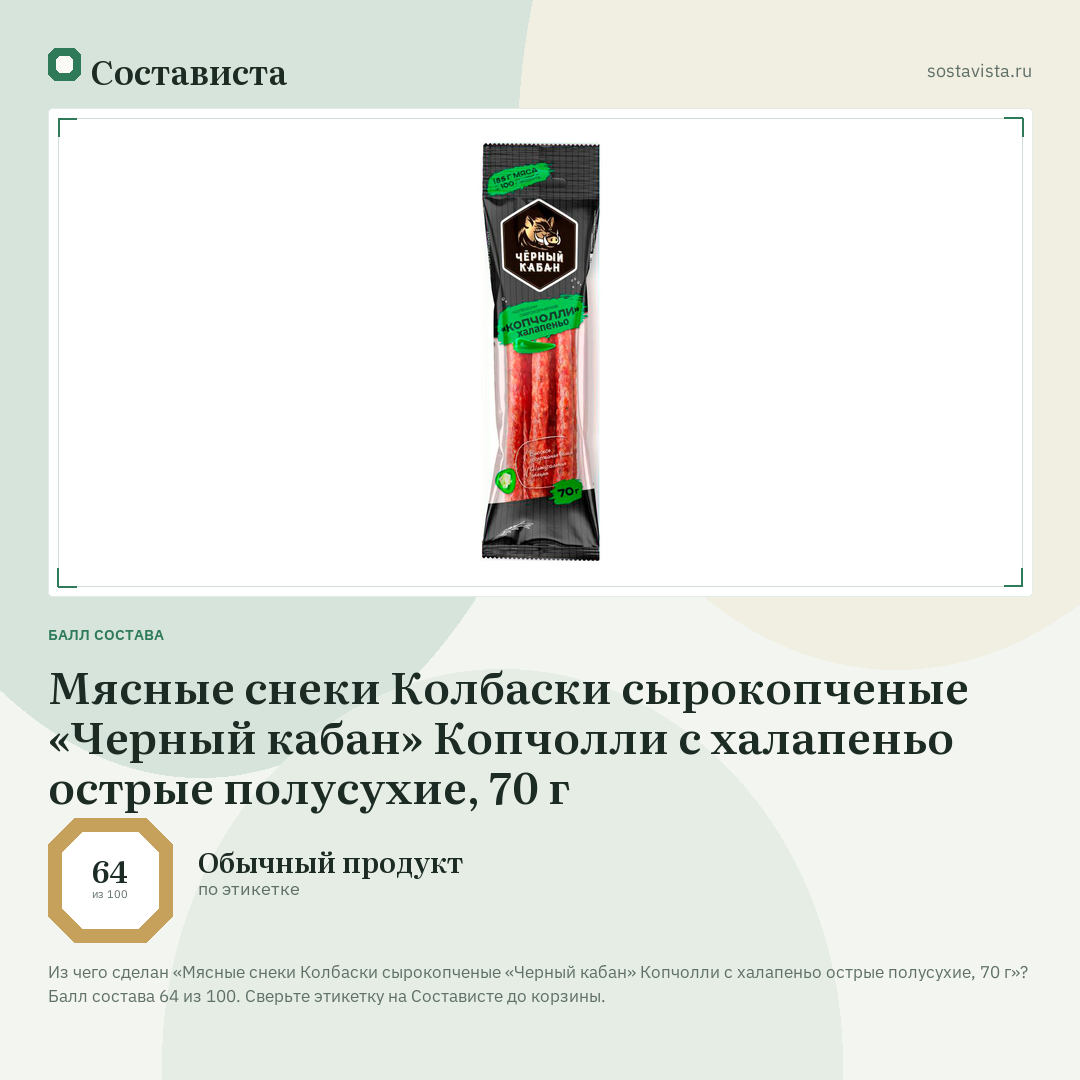 Мясные снеки Колбаски сырокопченые «Черный кабан» Копчолли с халапеньо острые полусухие, 70 г: балл состава 64 из 100 — Состависта