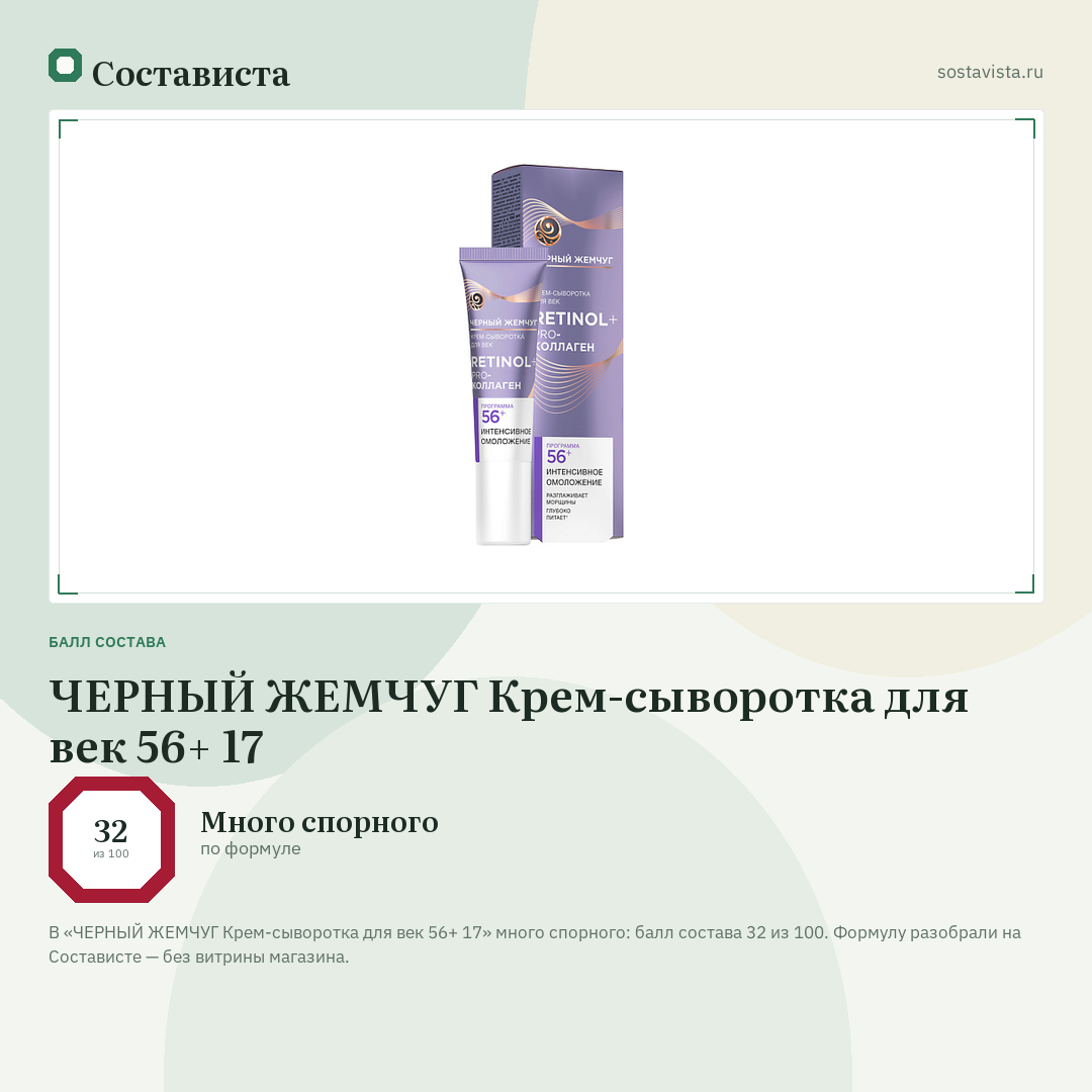 ЧЕРНЫЙ ЖЕМЧУГ Крем-сыворотка для век 56+ 17: балл состава 32 из 100 — Состависта