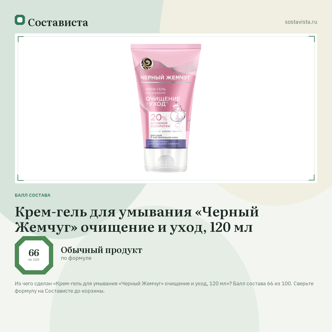 Крем-гель для умывания «Черный Жемчуг» очищение и уход, 120 мл: балл состава 66 из 100 — Состависта