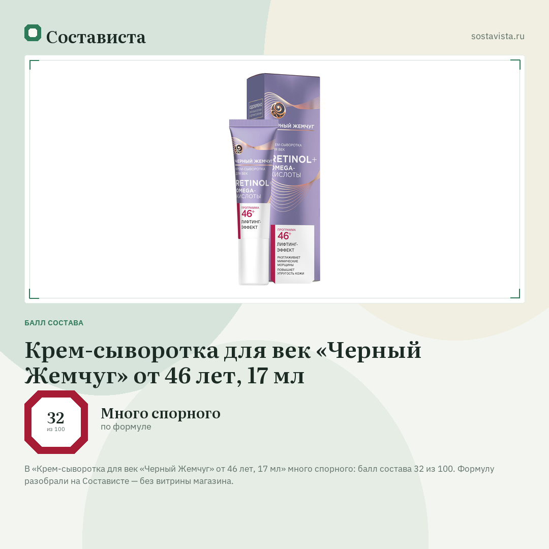 Крем-сыворотка для век «Черный Жемчуг» от 46 лет, 17 мл: балл состава 32 из 100 — Состависта