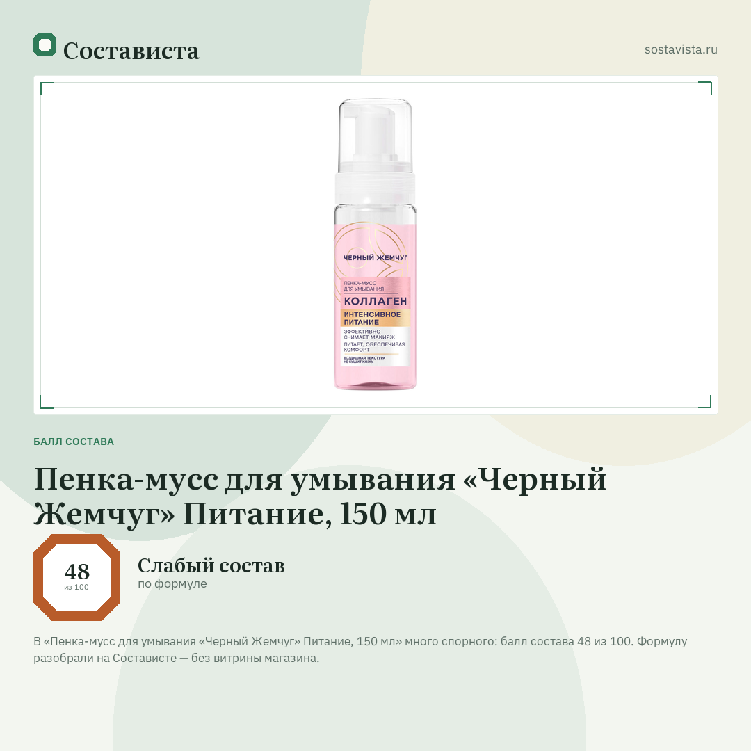 Пенка-мусс для умывания «Черный Жемчуг» Питание, 150 мл: балл состава 48 из 100 — Состависта