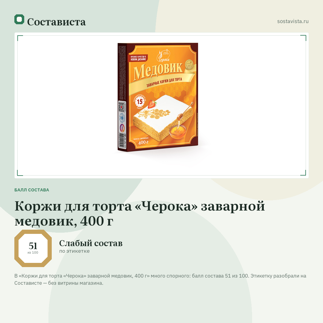 Коржи для торта «Черока» заварной медовик, 400 г: балл состава 51 из 100 — Состависта