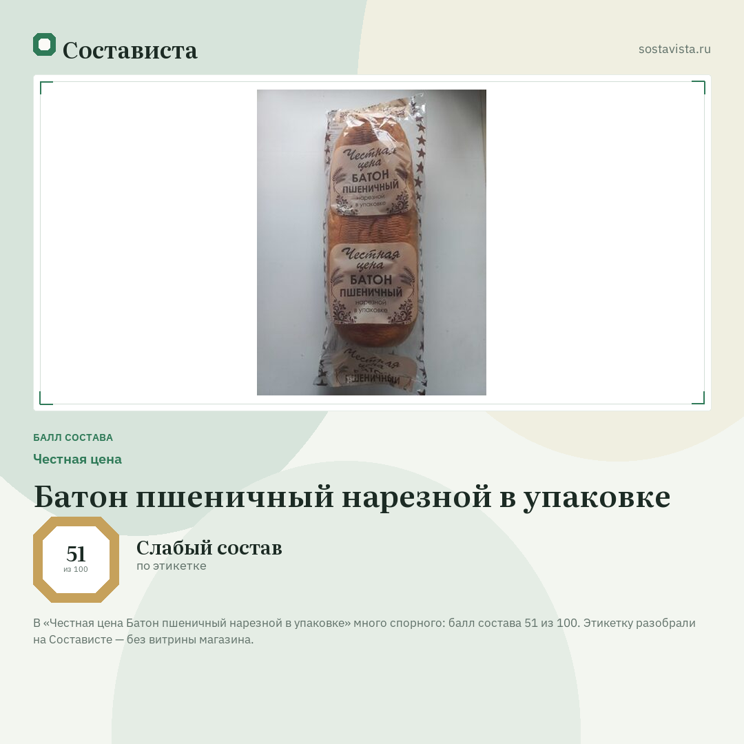 Честная цена Батон пшеничный нарезной в упаковке: балл состава 51 из 100 — Состависта