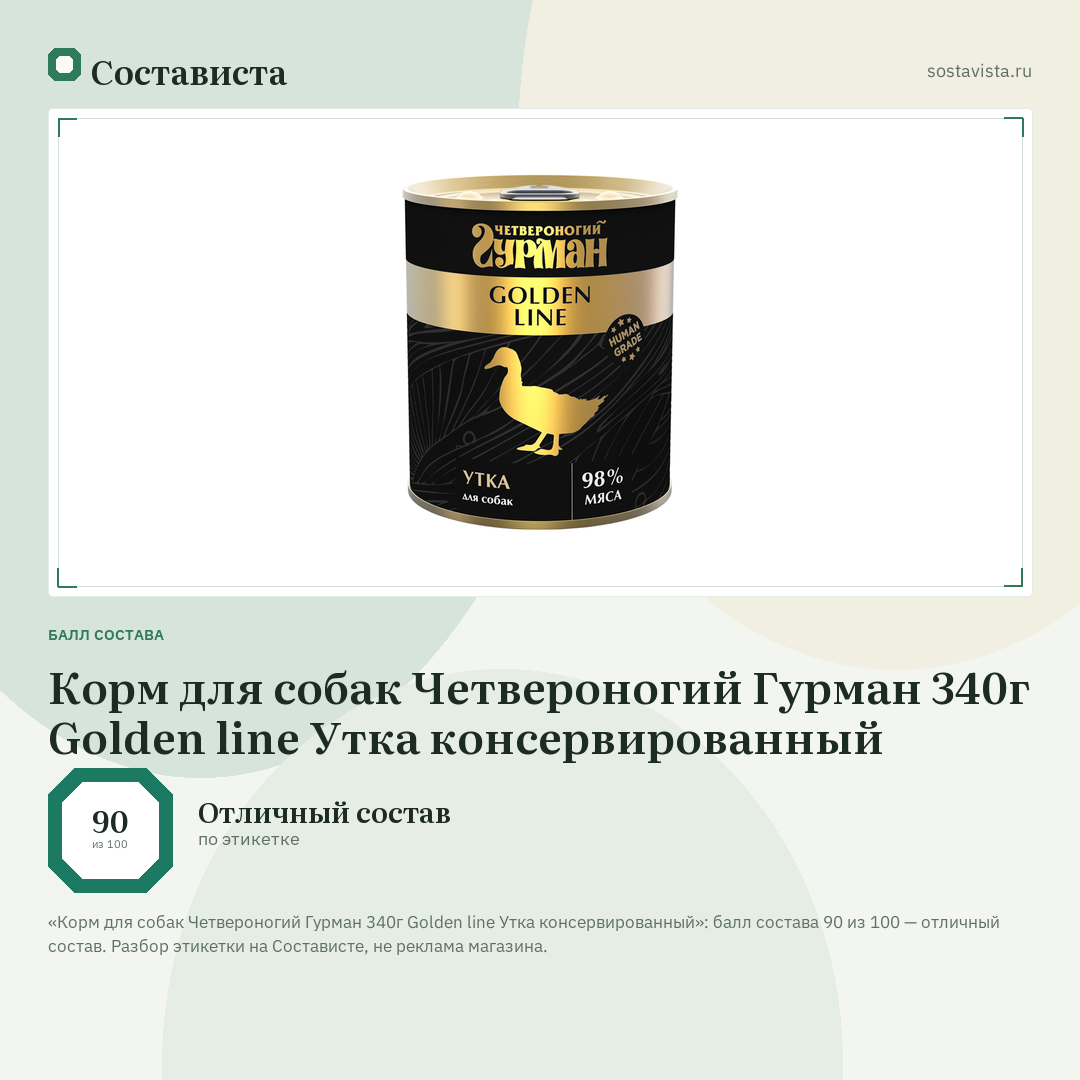 Корм для собак Четвероногий Гурман 340г Golden line Утка консервированный: балл состава 90 из 100 — Состависта