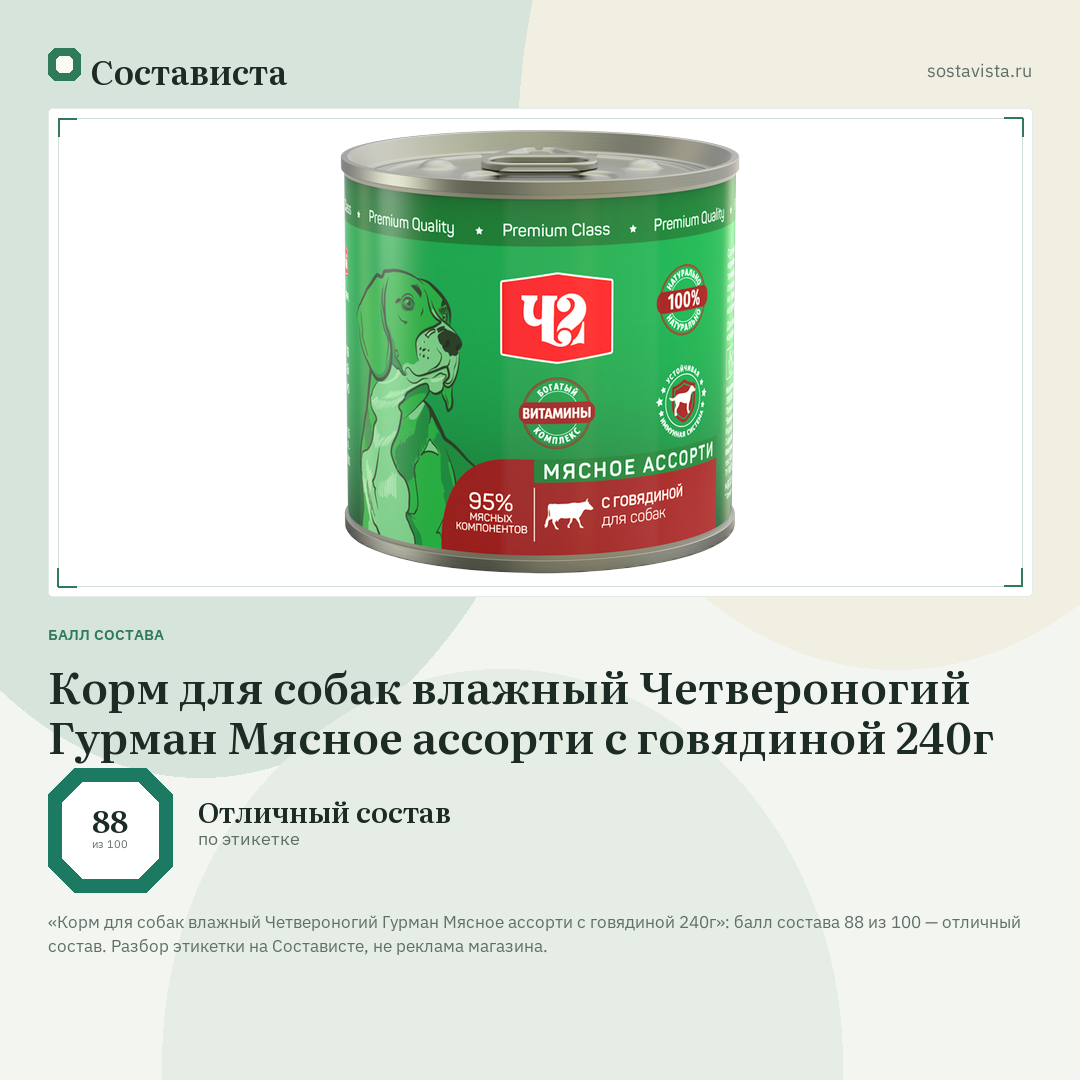 Корм для собак влажный Четвероногий Гурман Мясное ассорти с говядиной 240г: балл состава 88 из 100 — Состависта