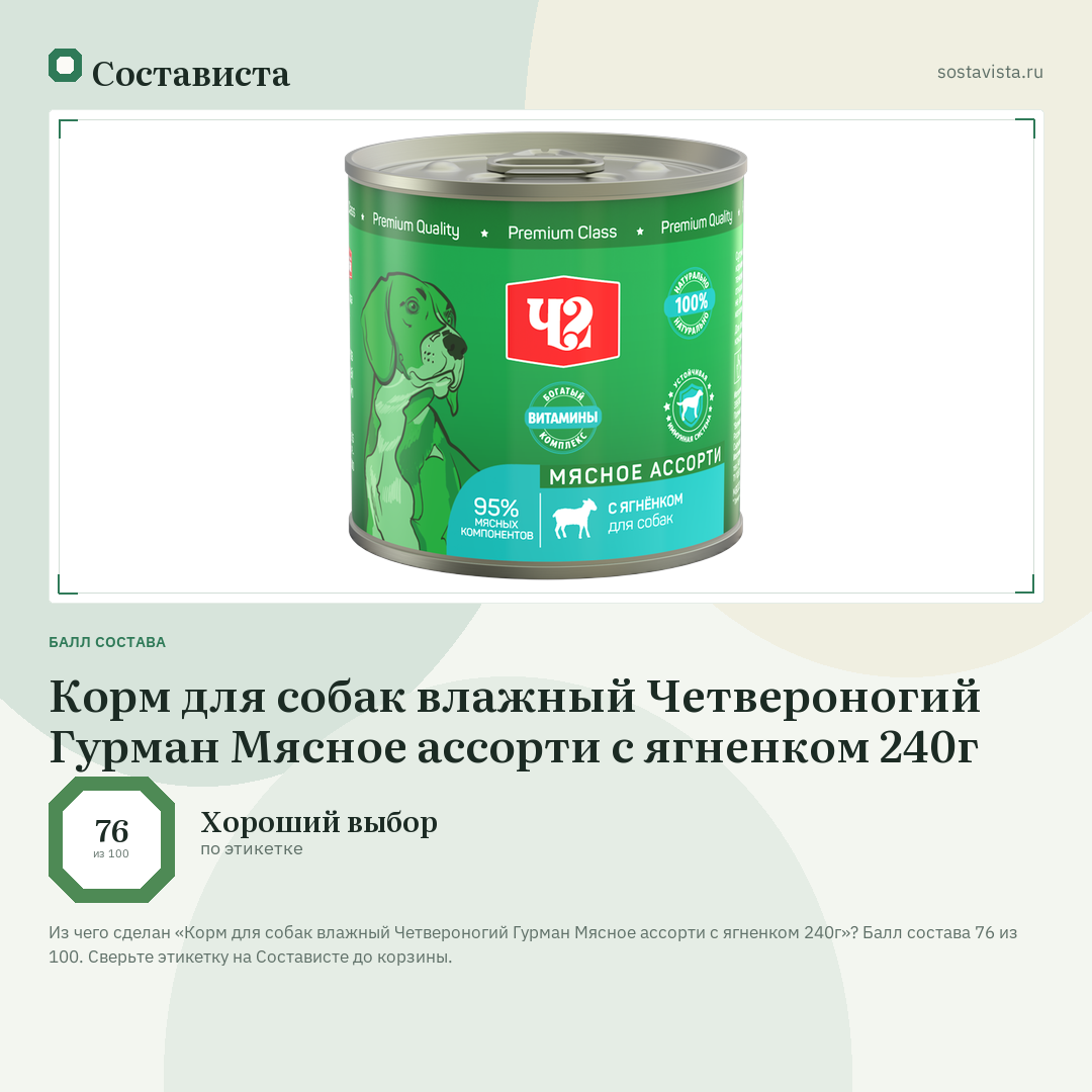 Корм для собак влажный Четвероногий Гурман Мясное ассорти с ягненком 240г: балл состава 76 из 100 — Состависта