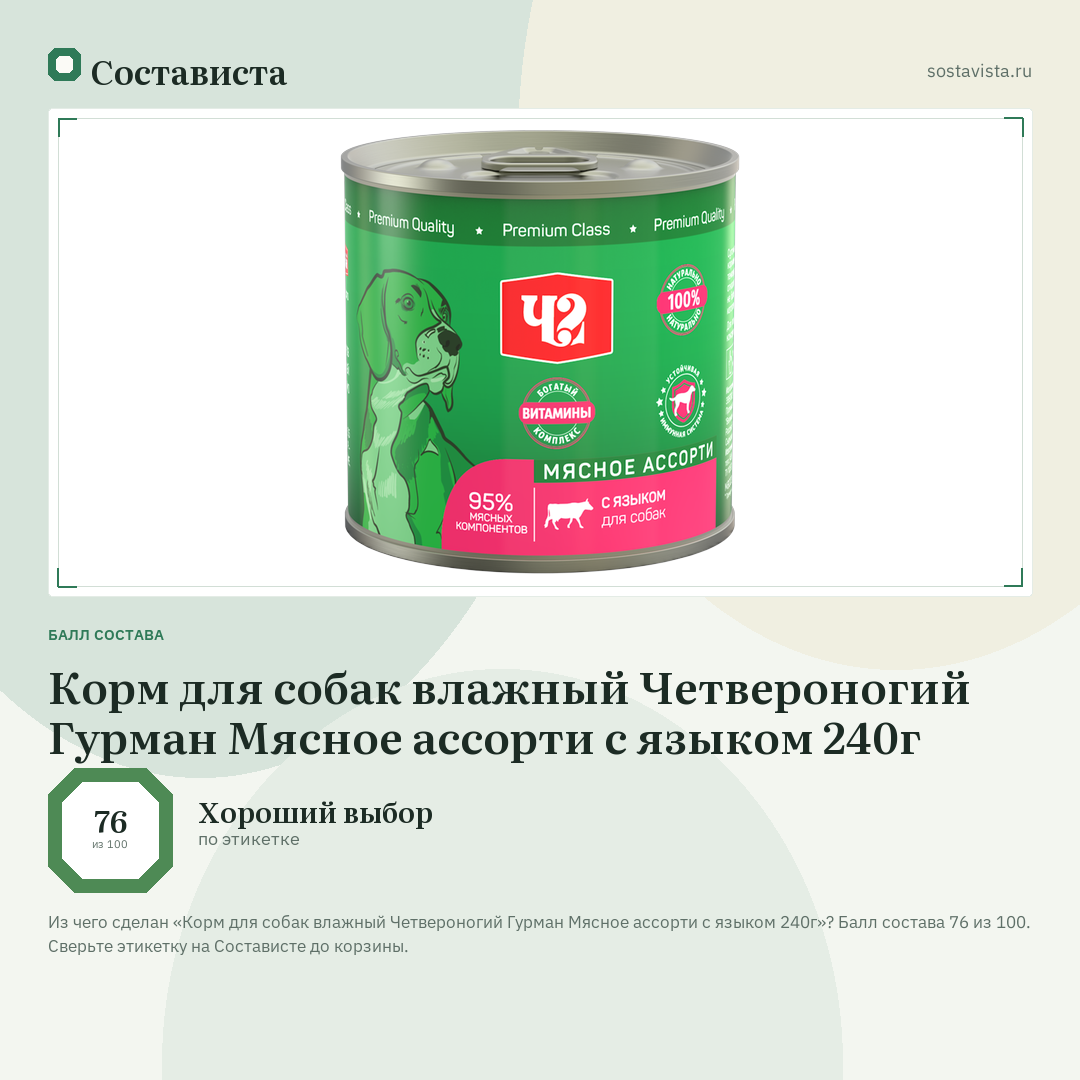 Корм для собак влажный Четвероногий Гурман Мясное ассорти с языком 240г: балл состава 76 из 100 — Состависта