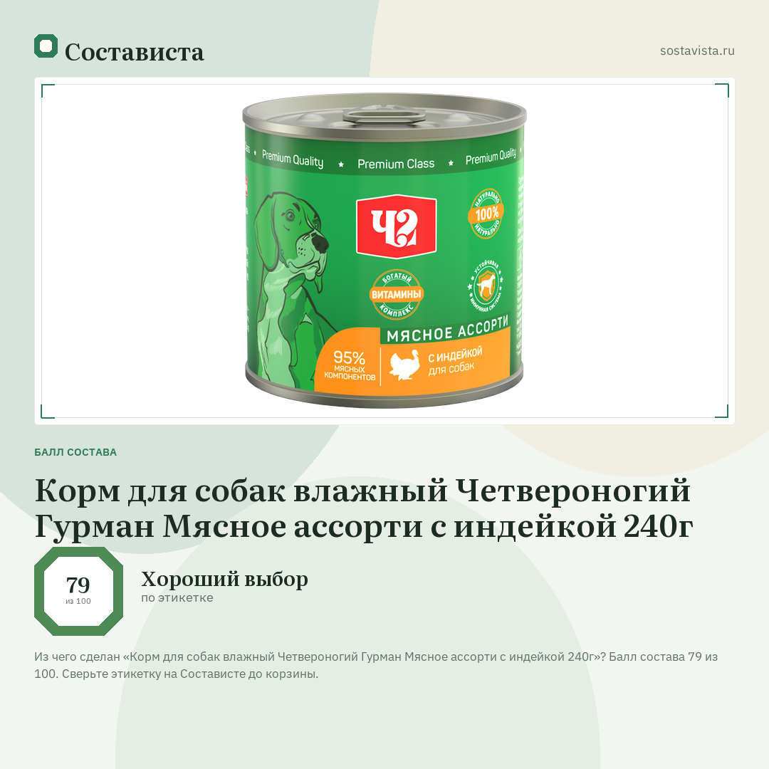 Корм для собак влажный Четвероногий Гурман Мясное ассорти с индейкой 240г: балл состава 79 из 100 — Состависта