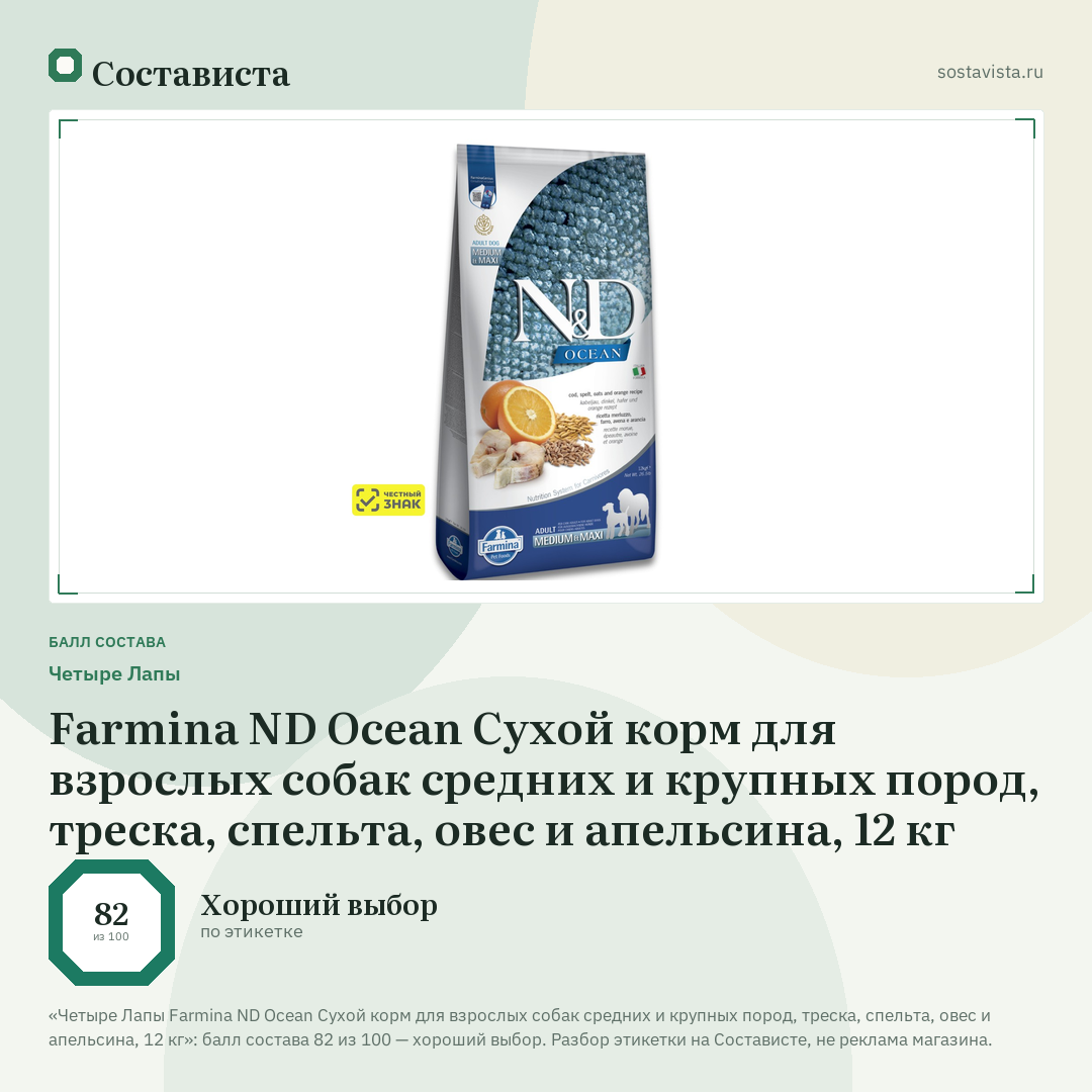 Четыре Лапы Farmina ND Ocean Сухой корм для взрослых собак средних и крупных пород, треска, спельта, овес и апельсина, 12 кг: балл состава 82 из 100 — Состависта