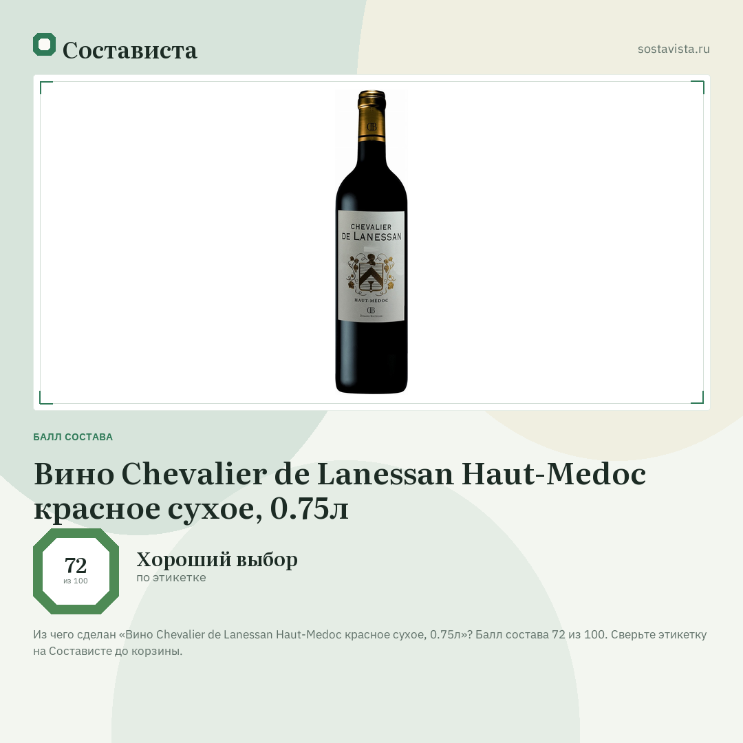 Вино Chevalier de Lanessan Haut-Medoc красное сухое, 0.75л: балл состава 72 из 100 — Состависта