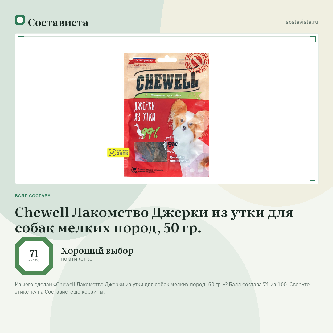 Chewell Лакомство Джерки из утки для собак мелких пород, 50 гр.: балл состава 71 из 100 — Состависта