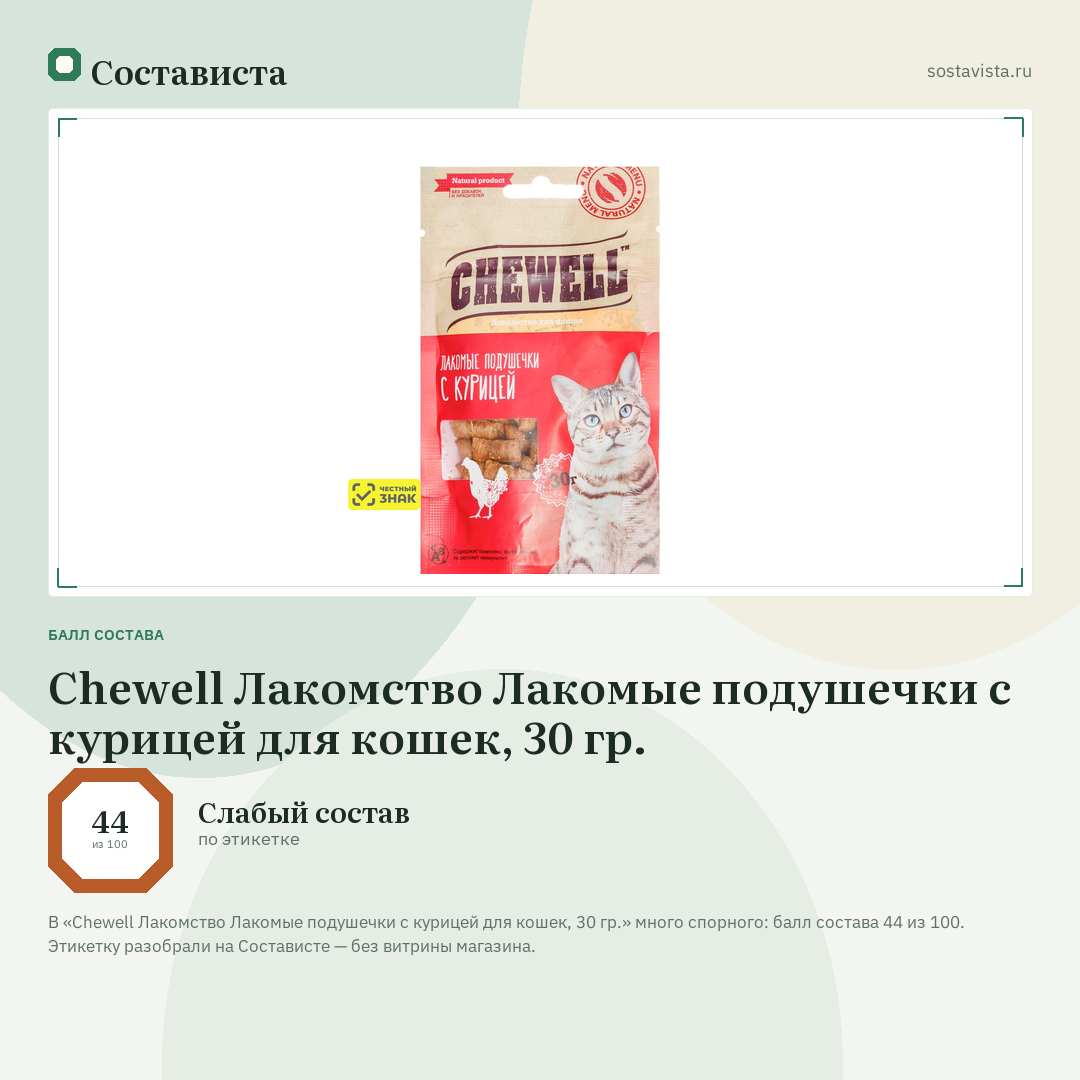 Chewell Лакомство Лакомые подушечки с курицей для кошек, 30 гр.: балл состава 44 из 100 — Состависта