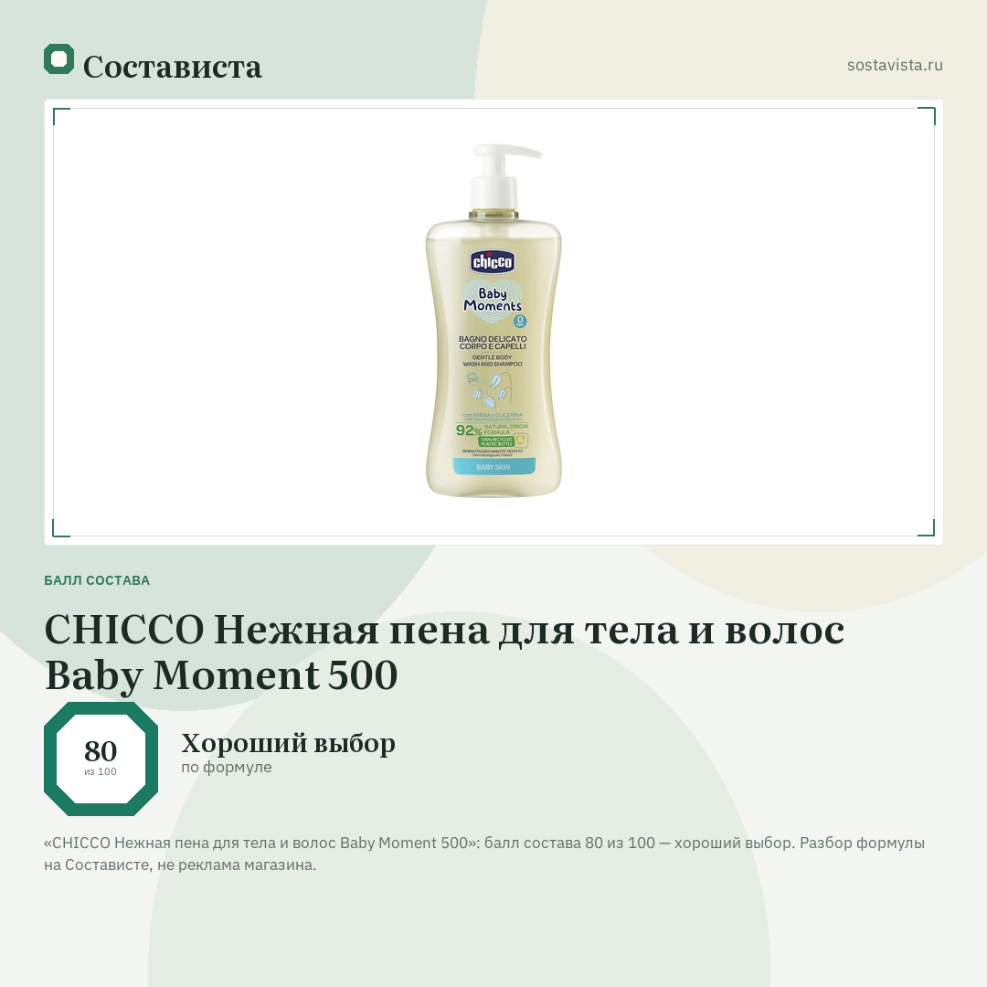 CHICCO Нежная пена для тела и волос Baby Moment 500: балл состава 80 из 100 — Состависта