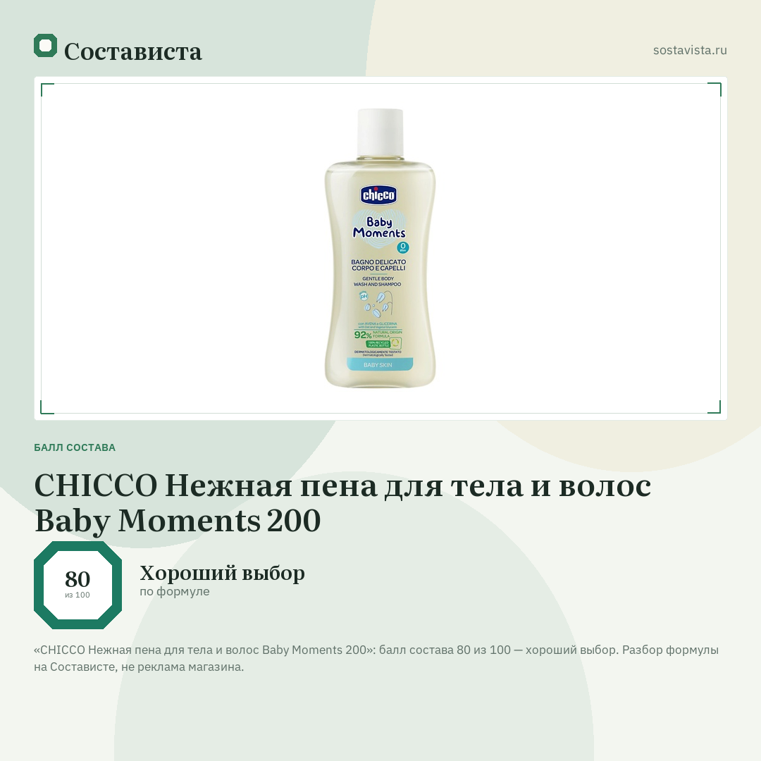 CHICCO Нежная пена для тела и волос Baby Moments 200: балл состава 80 из 100 — Состависта