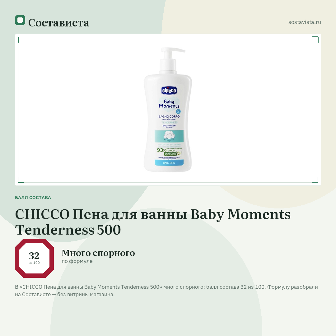 CHICCO Пена для ванны Baby Moments Tenderness 500: балл состава 32 из 100 — Состависта
