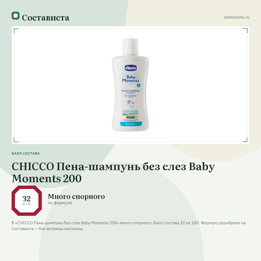 CHICCO Пена-шампунь без слез Baby Moments 200: балл состава 32 из 100 — Состависта