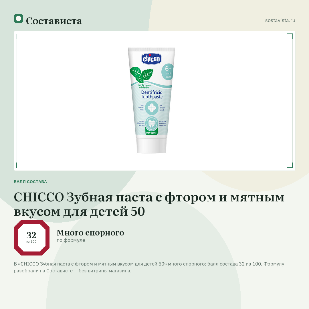 CHICCO Зубная паста c фтором и мятным вкусом для детей 50: балл состава 32 из 100 — Состависта