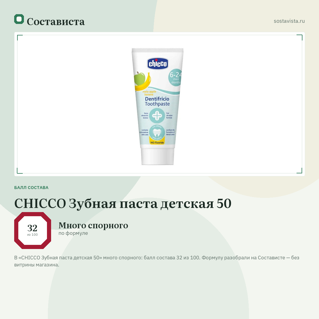 CHICCO Зубная паста детская 50: балл состава 32 из 100 — Состависта
